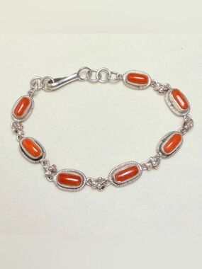 Hand Crafted Sterling Silver Orange Coral Cabochon Bracelet